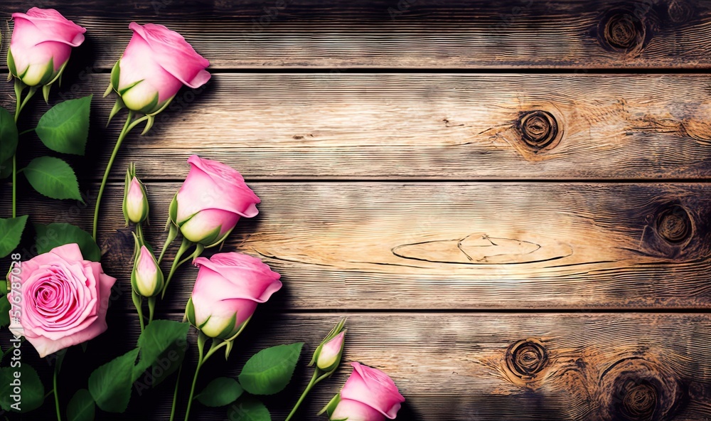  a bunch of pink roses sitting on top of a wooden table next to a wooden planked wall with a wooden 