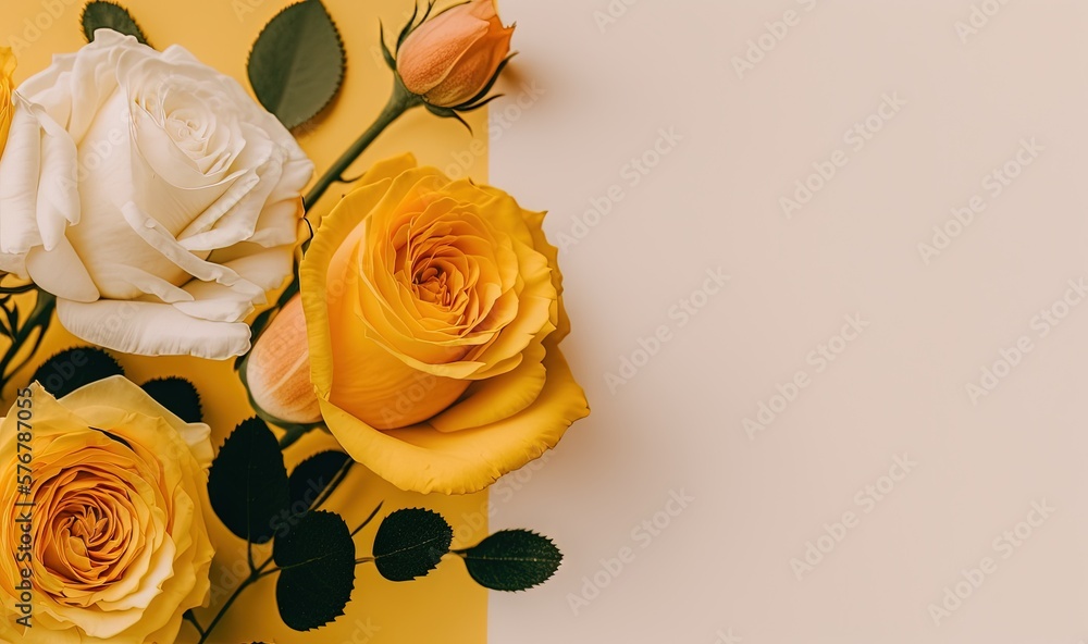  a group of yellow and white roses on a yellow and white background with a white sheet of paper in t