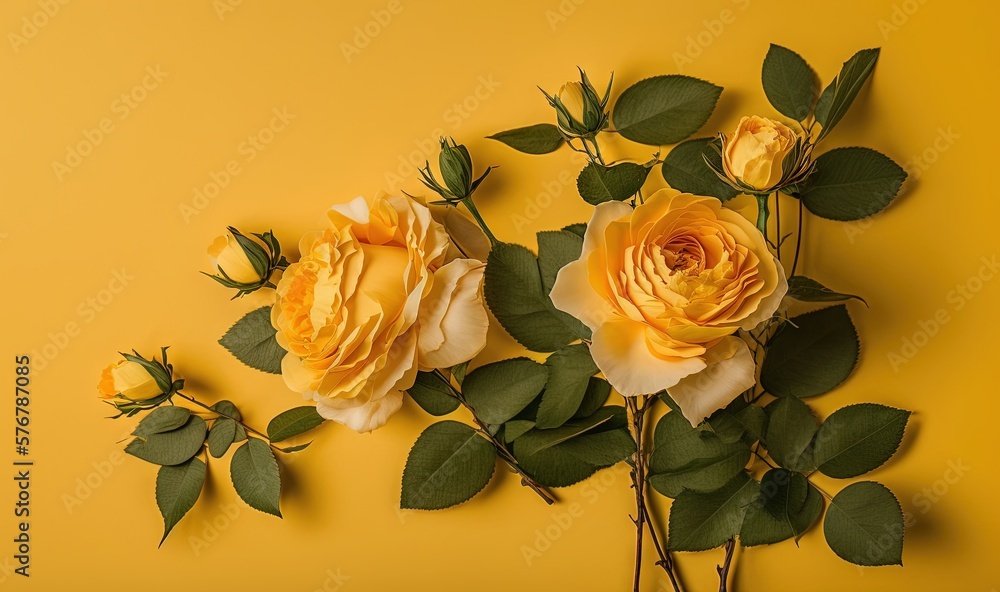  three yellow roses with green leaves on a yellow background with space for a text or a picture or a