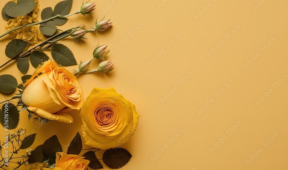  yellow roses and green leaves on a yellow background with space for writing or writing on the side 