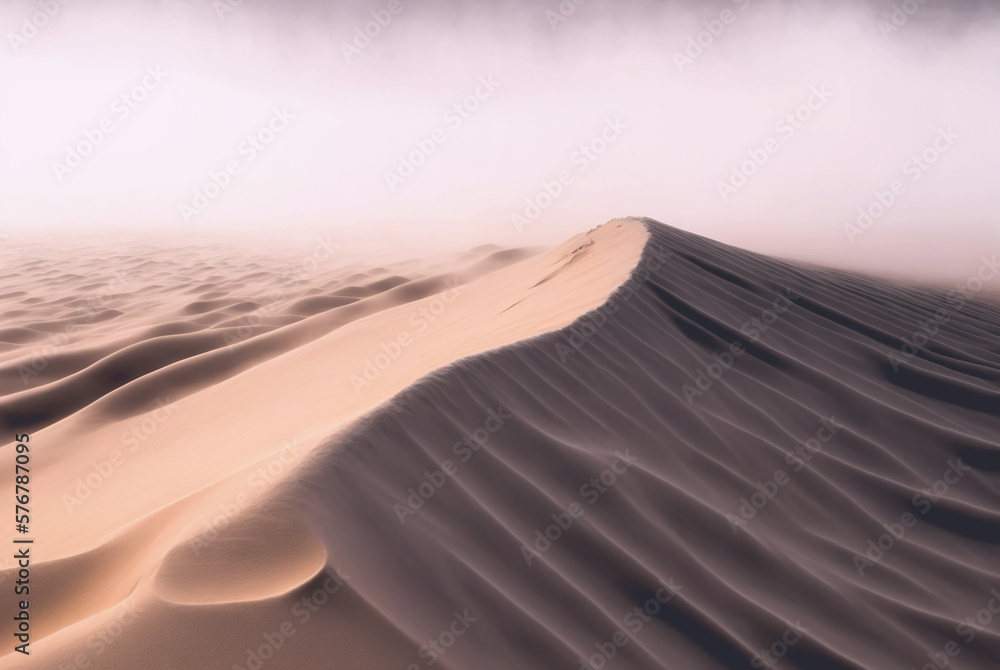 Desert sand landscape. Atmospheric scenic imaginary view. Clouds and sandstorm. Generative AI