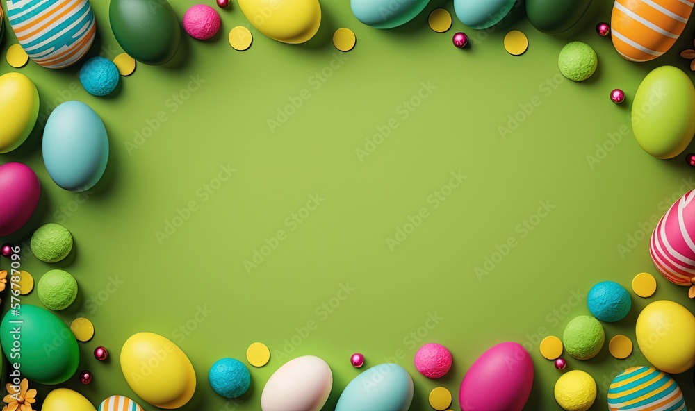  a green background with many different colored eggs and candy on the bottom of the image, with a pl