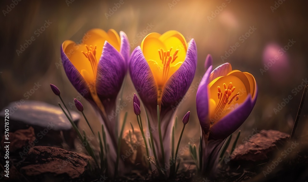  a group of purple and yellow flowers sitting on top of a dirt field next to rocks and grass with a 