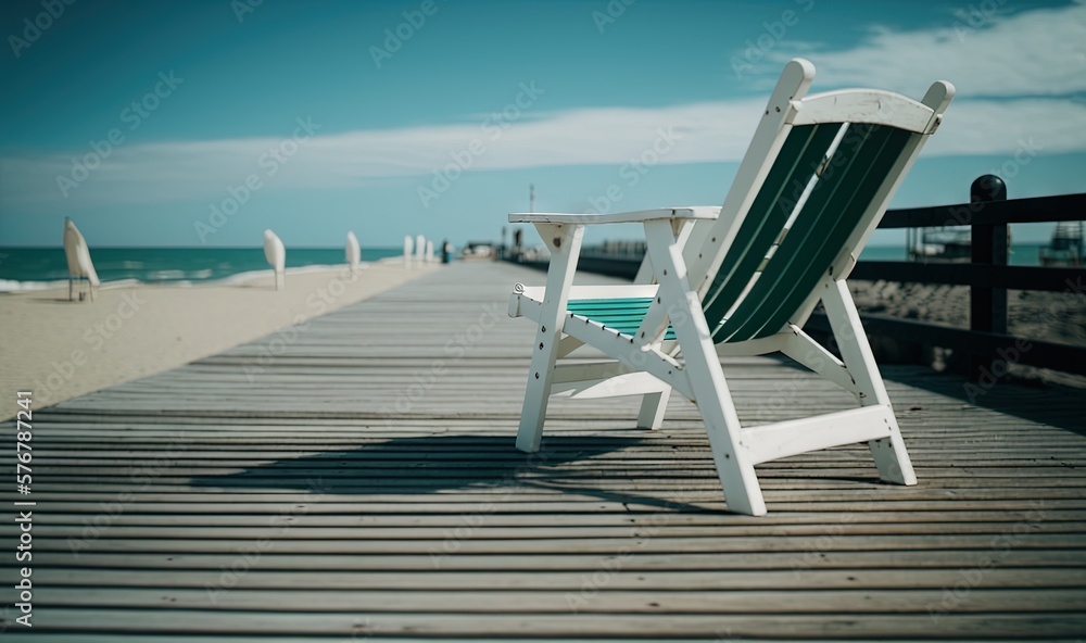  a white chair sitting on top of a wooden pier next to the ocean and a pier with umbrellas in the ba