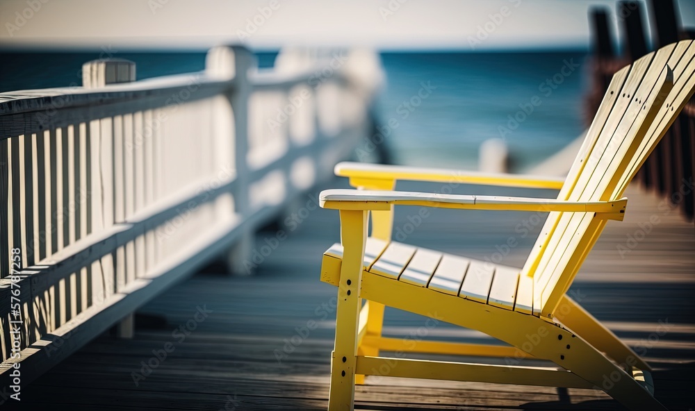  a yellow chair sitting on top of a wooden pier next to the ocean and a pier with a white railing an