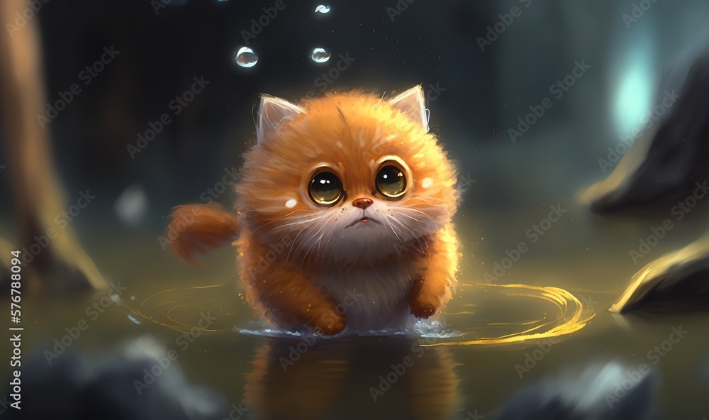  a little orange kitten walking through a puddle of water with bubbles floating around its head and