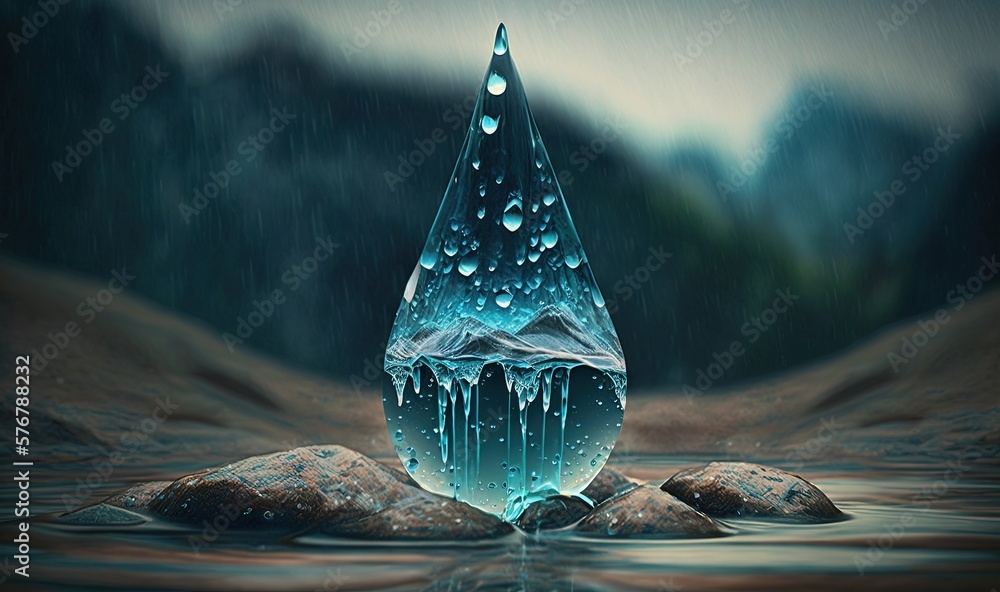  a drop of water sitting on top of a rock in the middle of a river with a mountain in the distance i