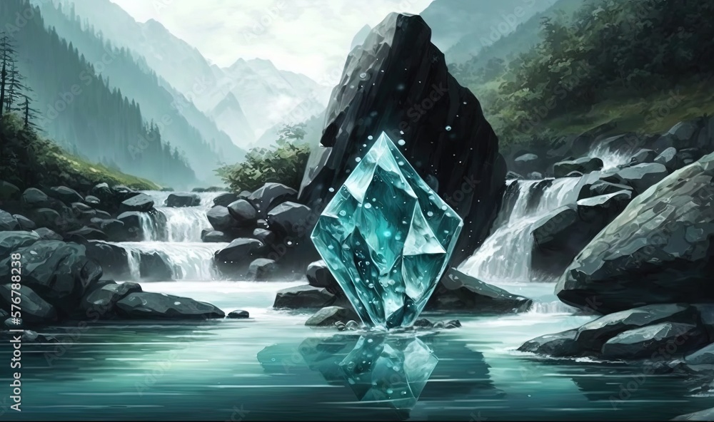  a painting of a blue diamond floating in a river surrounded by rocks and trees with a mountain in t