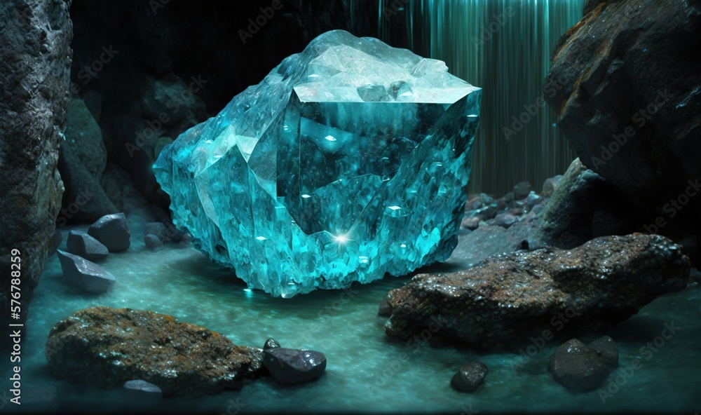  a large blue ice cube sitting on top of a rock covered ground next to rocks and a waterfall in the 