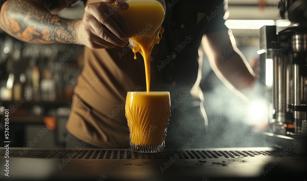  a man pouring a glass of orange juice into a glass with a straw in it and a person standing behind 