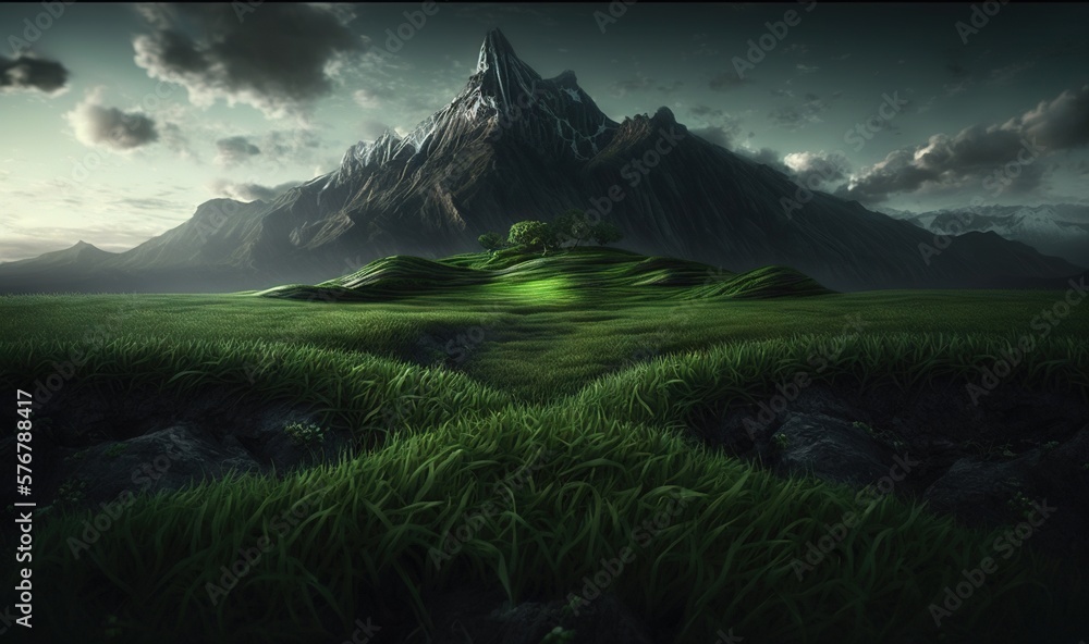  a grassy field with a mountain in the background and a green field in the foreground with rocks and