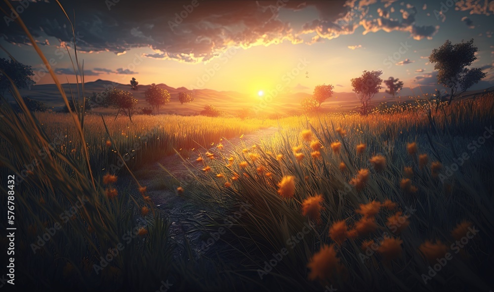  a painting of the sun setting over a field of grass and flowers with a stream running through it in