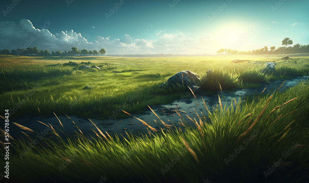  a painting of a grassy field with a stream in the middle of the field and a sky filled with clouds 