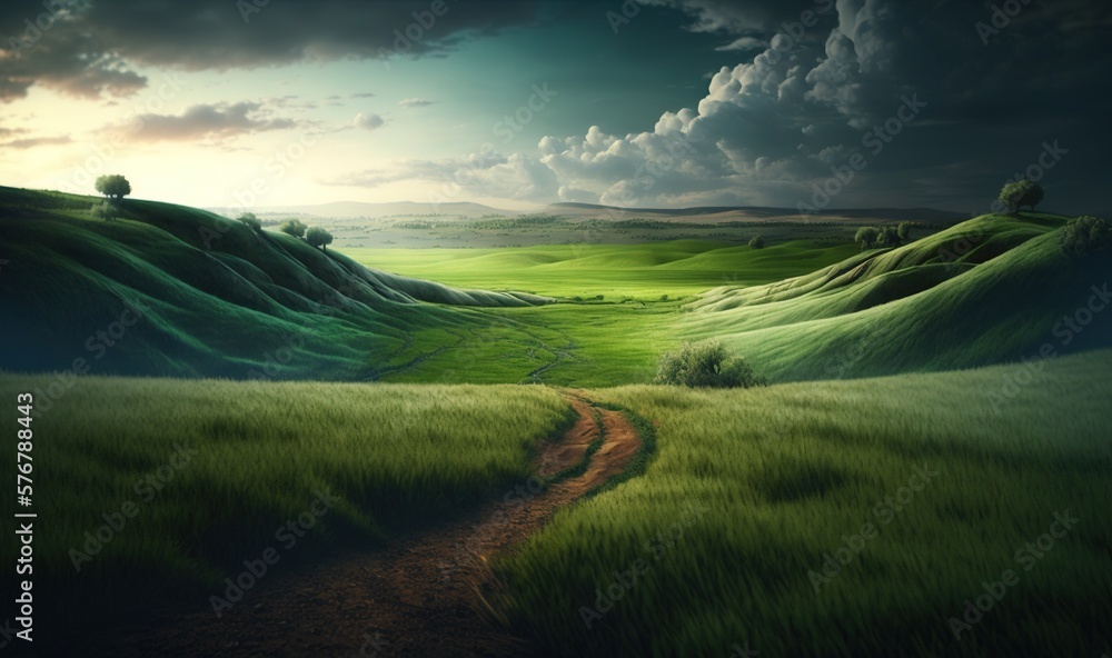  a painting of a green landscape with a dirt path leading to a tree in the distance and a dark sky w