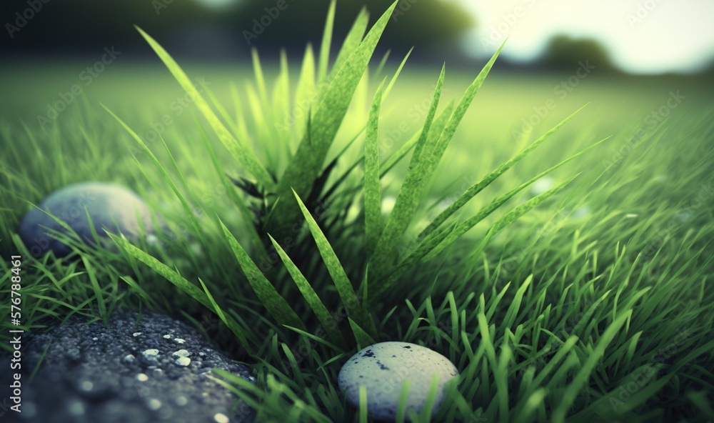  a close up of some grass and some rocks in the grass with some water droplets on them and some gras