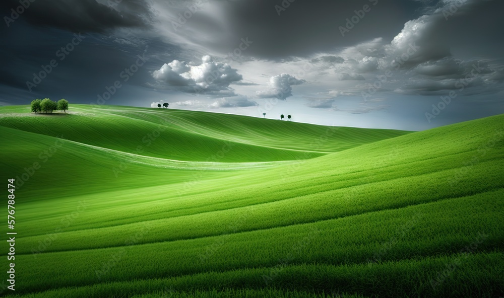  a green field with trees in the distance and clouds in the sky above the grass and trees on the hil