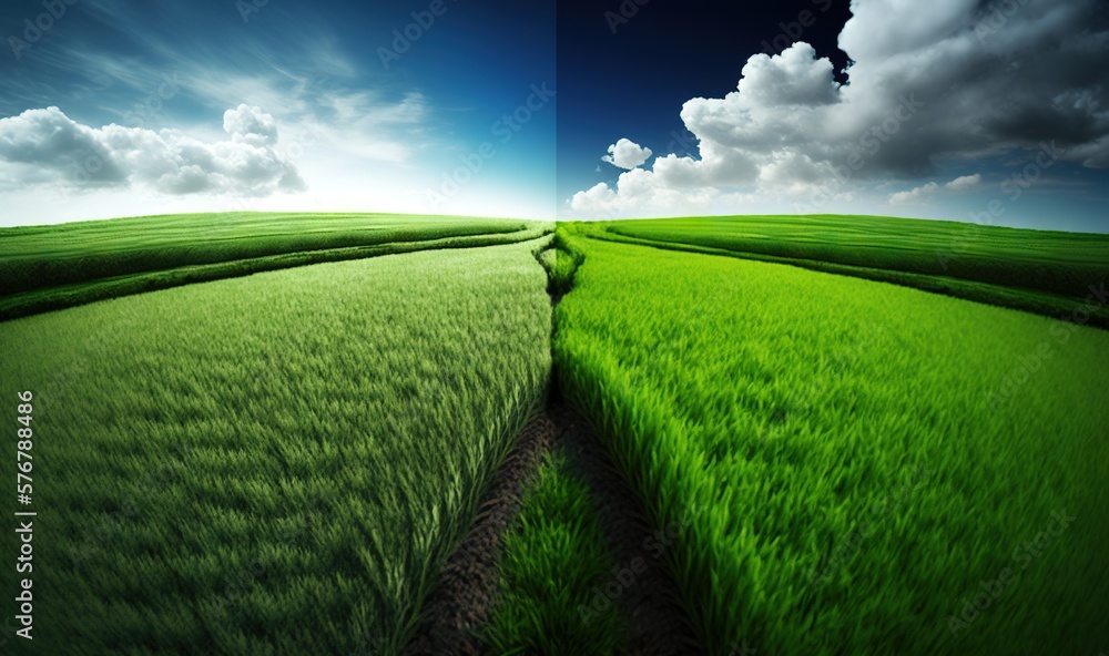  a field of green grass under a cloudy blue sky with a line of trees in the distance and a blue sky 