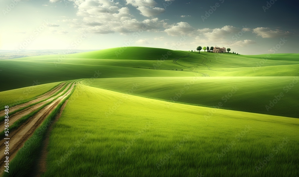  a green field with a dirt road going through it and a house on top of a hill in the distance with c