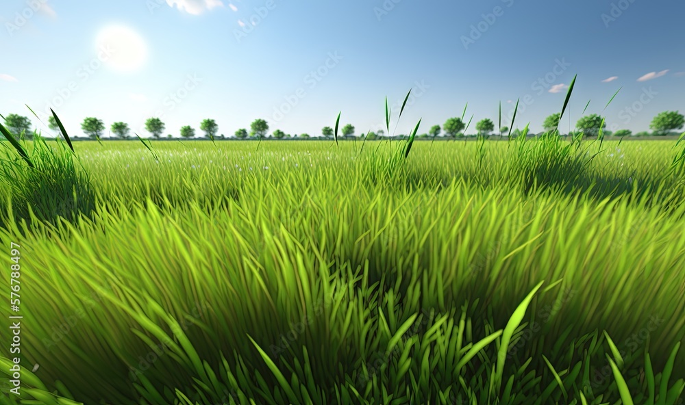  a grassy field with trees in the distance and a blue sky in the background with a few clouds in the