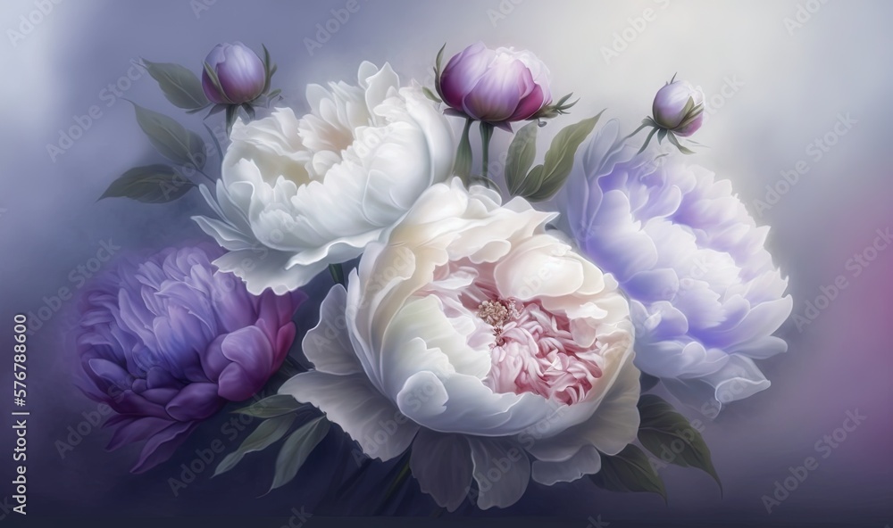  a painting of a bouquet of flowers on a blue background with a pink center and purple petals on the