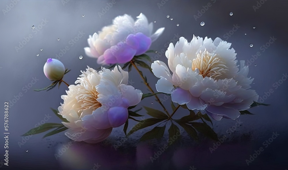  three white and purple flowers with water droplets on a black background with a black background an