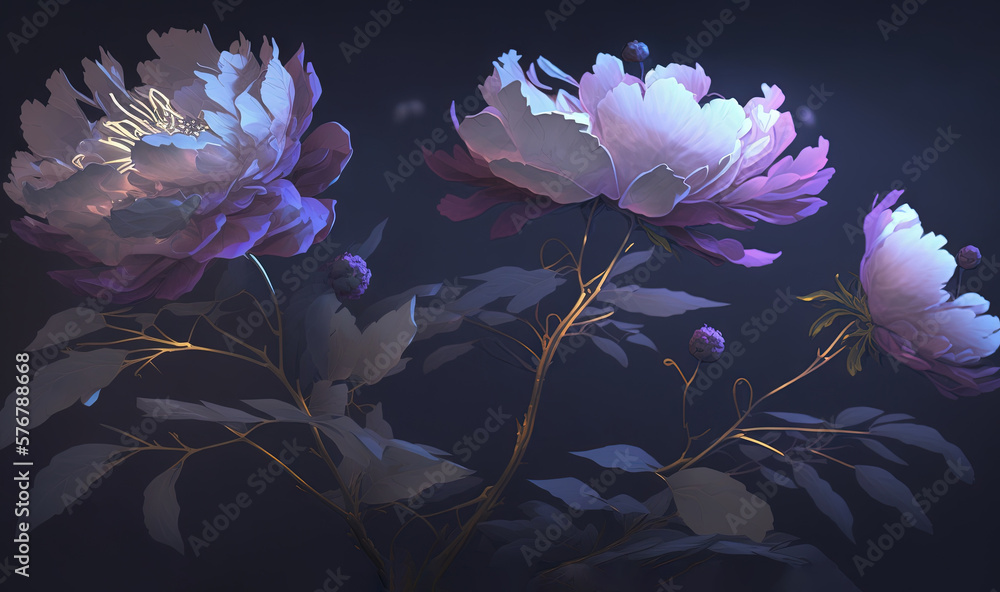  a bunch of flowers that are on a branch in the dark night time with a light shining on the flowers 