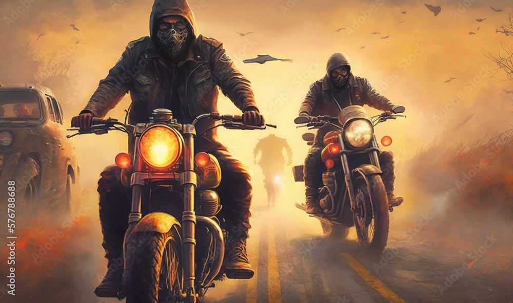  a painting of two people riding motorcycles on a road with a car and a bird in the background and a