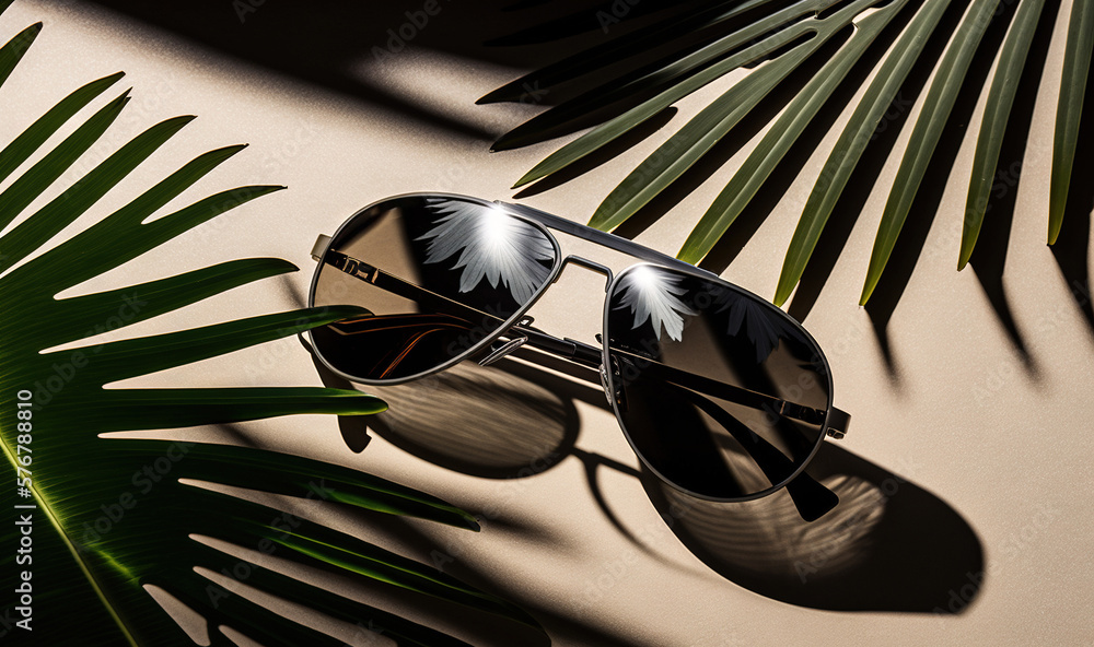  a pair of sunglasses sitting on top of a table next to a palm leaf and a wall with a shadow of a pa