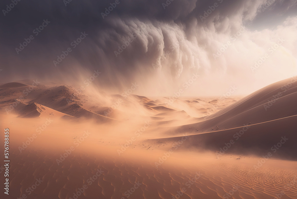 Desert sand landscape. Atmospheric scenic imaginary view. Clouds and sandstorm. Generative AI