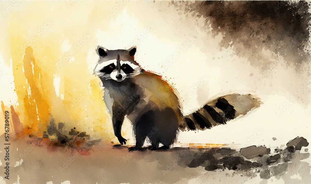  a painting of a raccoon standing on the ground in front of a yellow wall and a black and white pain