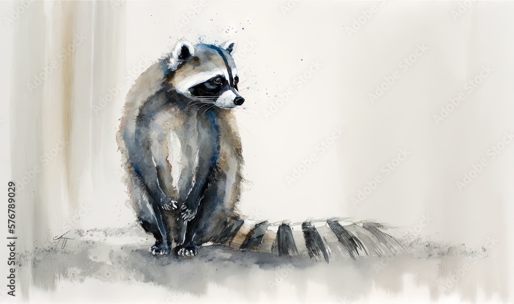  a painting of a raccoon sitting on the ground looking at the camera with a blurry background of the