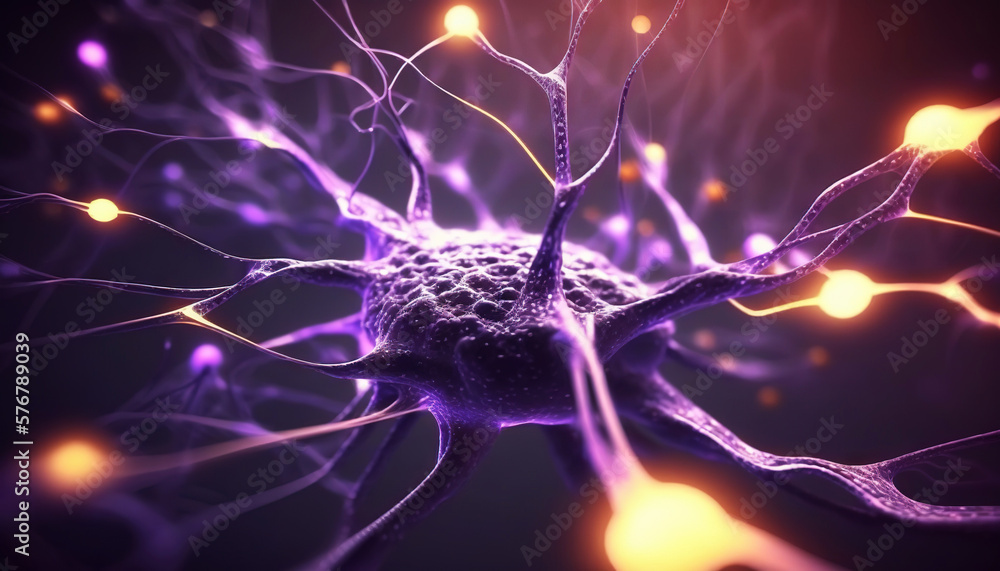 Closeup of neuron cells in the brain. Neurons connected with a net to form a mind. Generative AI