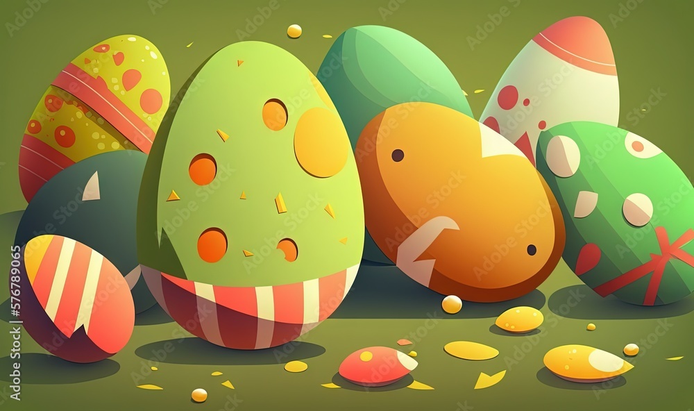  a bunch of colorful eggs sitting on top of a green table top next to a pile of gold coins and a gre