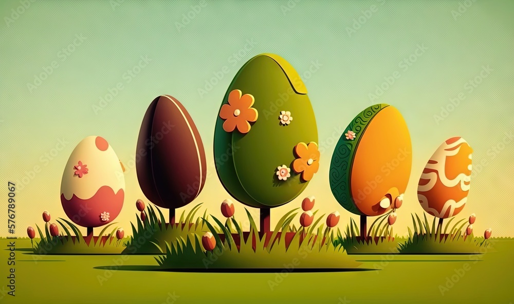  a group of eggs sitting on top of a lush green field next to trees and flowers on a sunny day with 