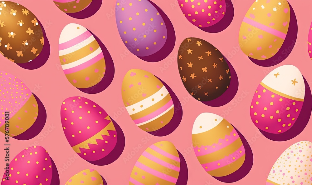  a pink background with many different colored easter eggs with gold and white designs on them, all 