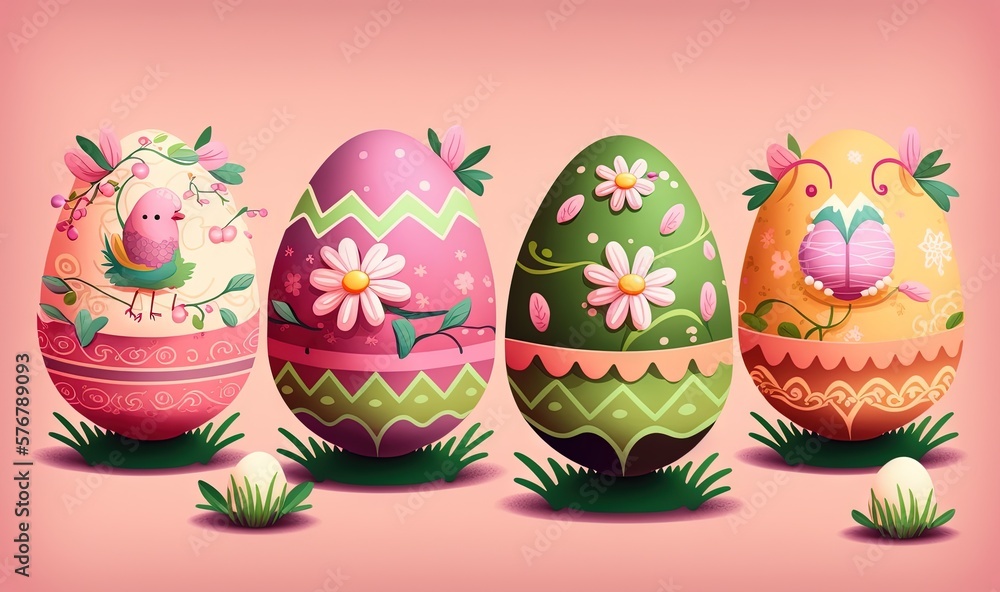  a row of decorated easter eggs sitting on top of green grass with flowers and a bird on top of one 