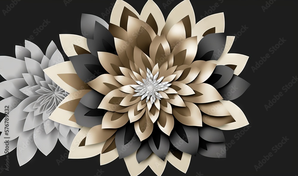  a black background with a gold and silver flower on its side and a black background with a white f