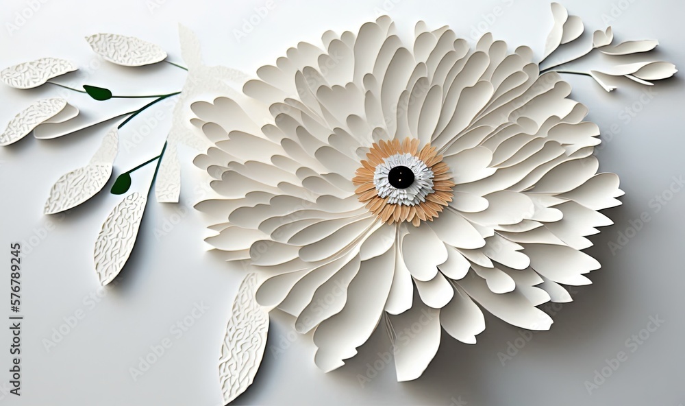  a paper flower with leaves on a white background with a black center and a black center in the midd