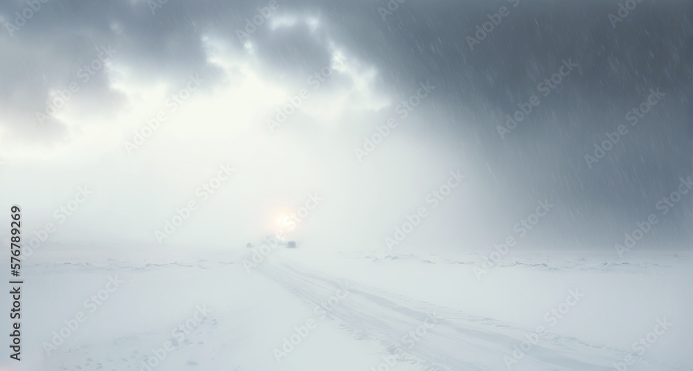 Snow dunes panorama during blizzard. White and empty frozen scenic imaginary landscape. Generative A