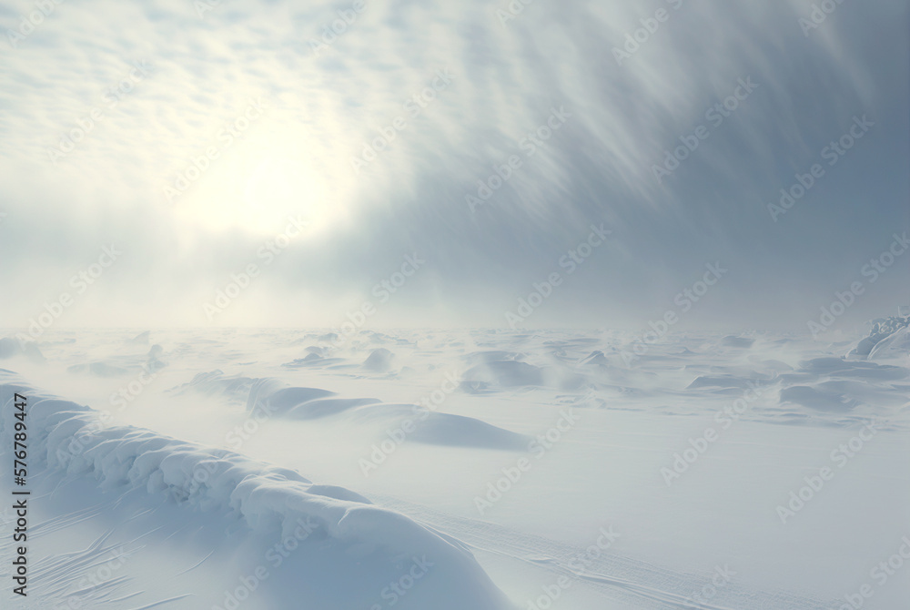 Snow dunes panorama during blizzard. White and empty frozen scenic imaginary landscape. Generative A