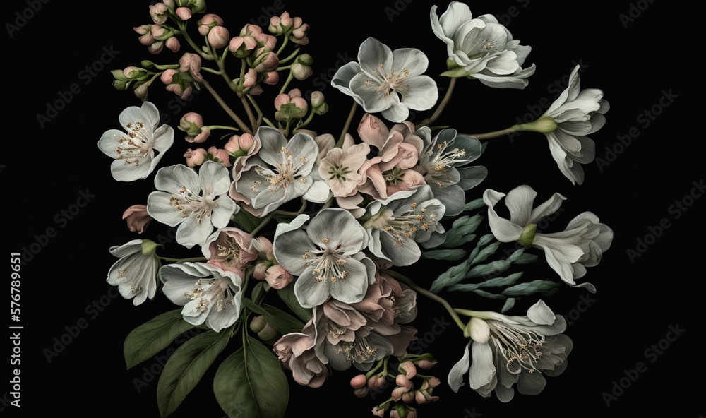  a painting of a bunch of flowers on a black background with green leaves and pink and white flowers