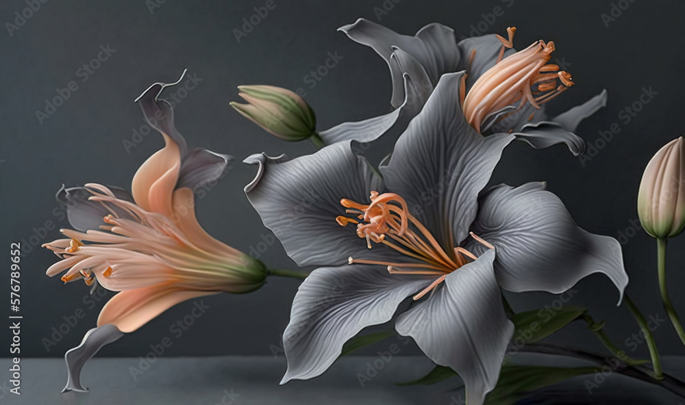  a painting of flowers on a table with a gray background and a black background with a white and ora