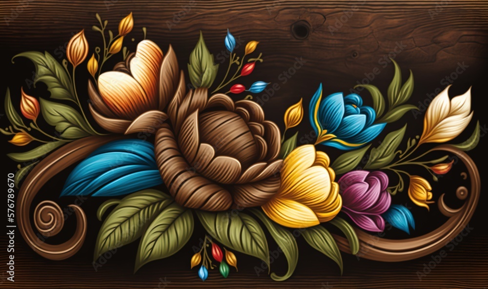  a painting of flowers on a wooden surface with leaves and flowers on the bottom of the painting is 