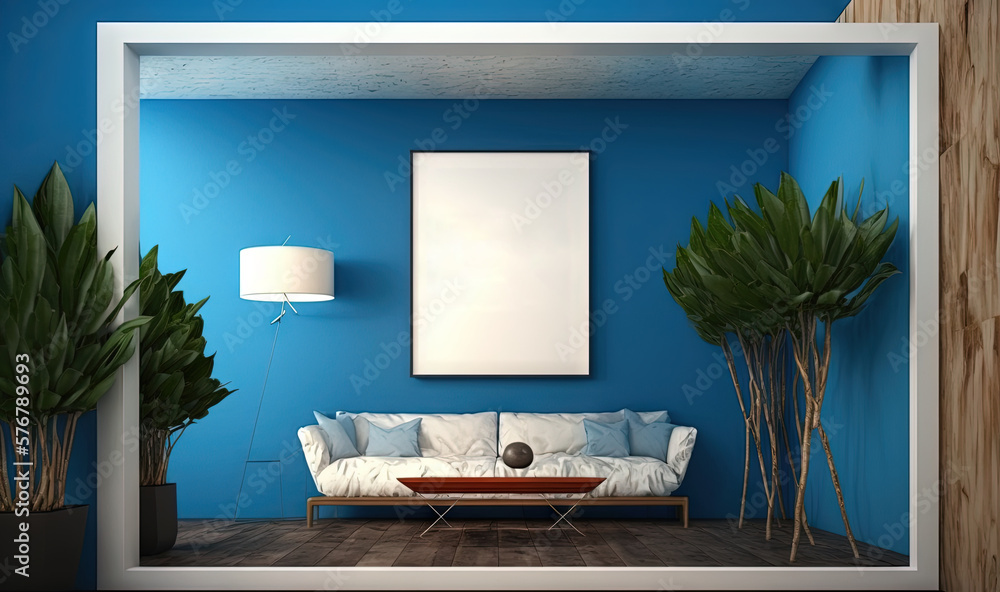  a living room with blue walls and a white couch in the middle of the room with a poster on the wall