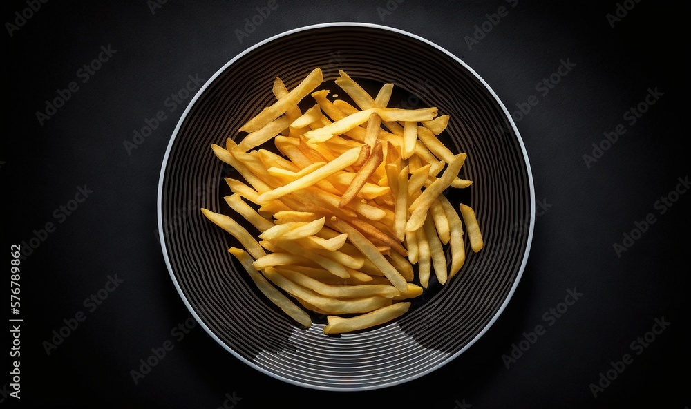  a plate of french fries on a black table top with a black background and a black table cloth with a