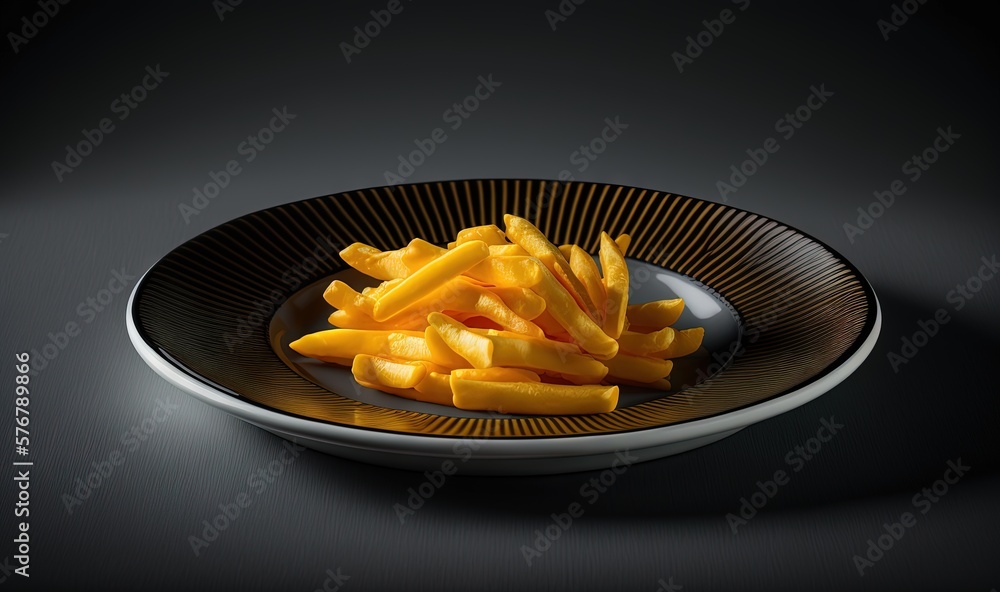  a plate of french fries on a black tablecloth with a black background and a black bowl of fries in 