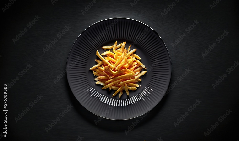  a plate of french fries on a black plate on a black tablecloth with a black background and a black 