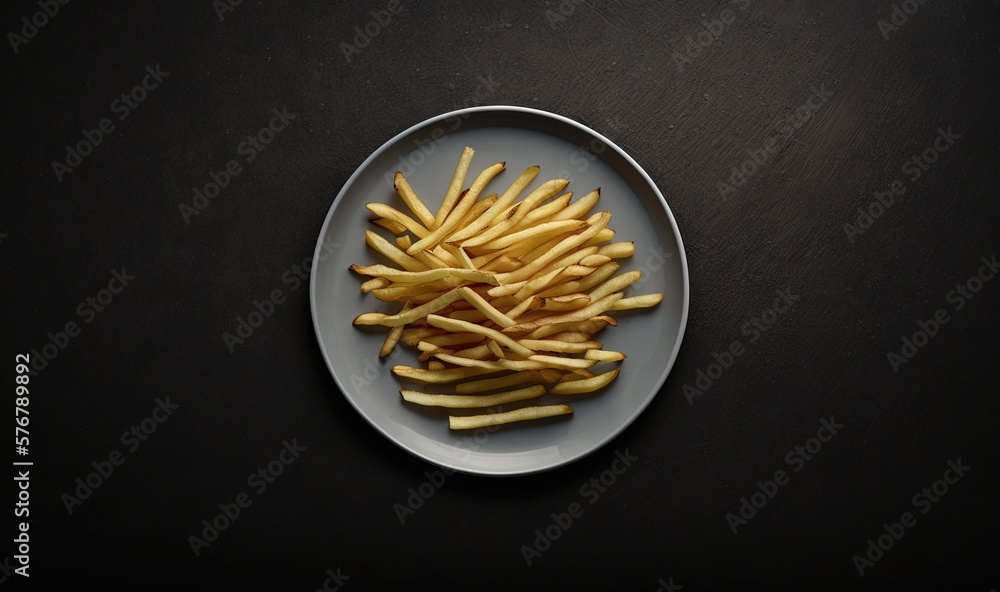  a plate of french fries on a black table top with a black table cloth and a white plate of fries on