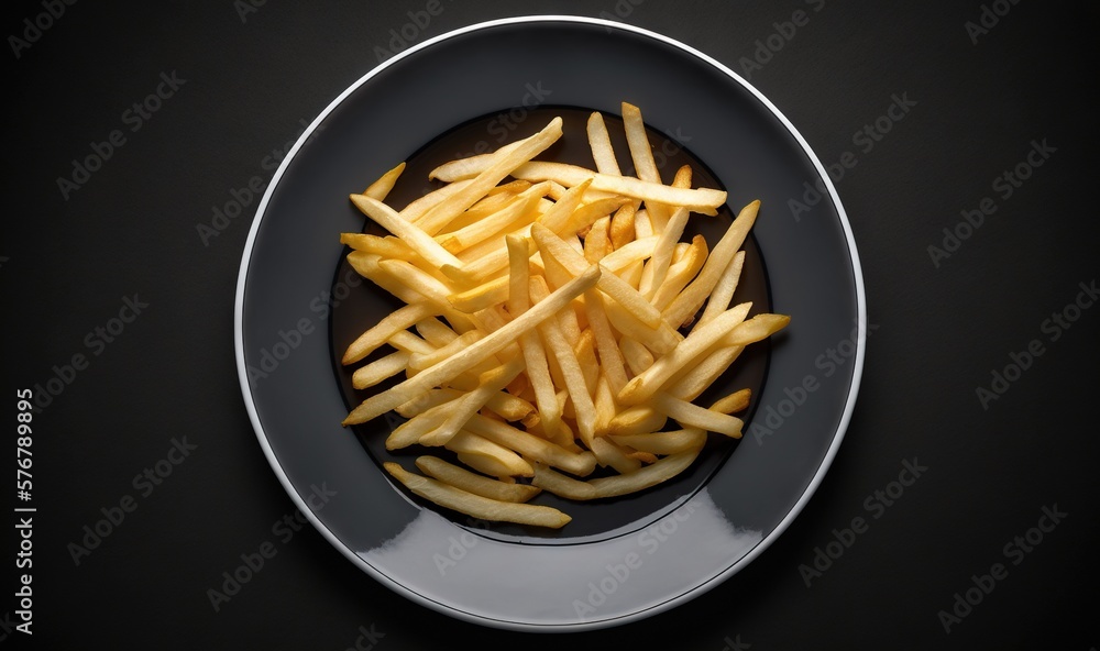  a plate of french fries on a black table top with a black background and a white border around the 