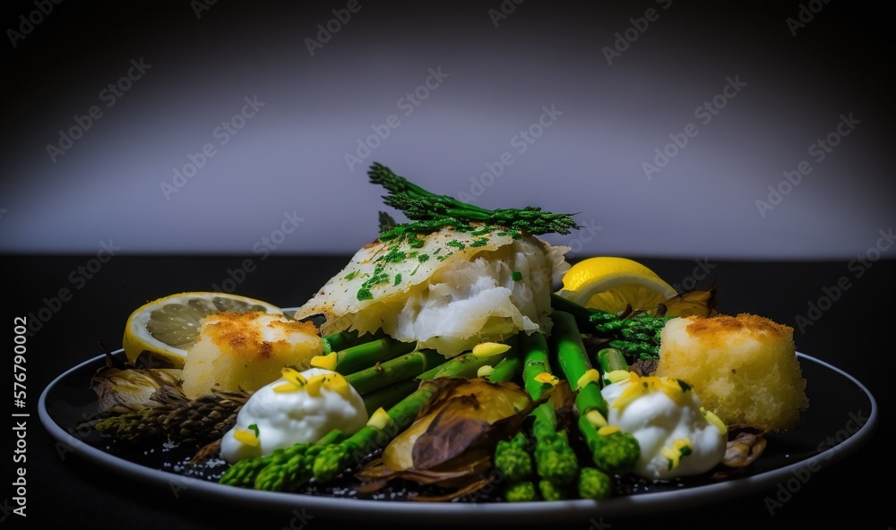  a plate of food with asparagus, potatoes, and other vegetables on it with a lemon wedge on top of t